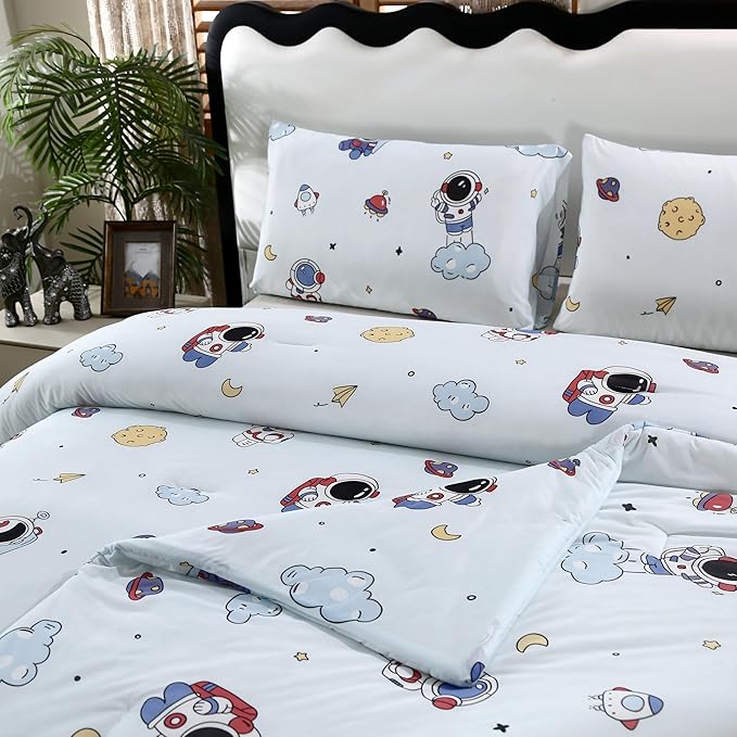 SDIII Astronaut Comforter Set Queen 3 Pieces, Silky Breathable Microfiber and Spandex, Outer Space Bedding Set Queen for Boys Girls Kids and Teens