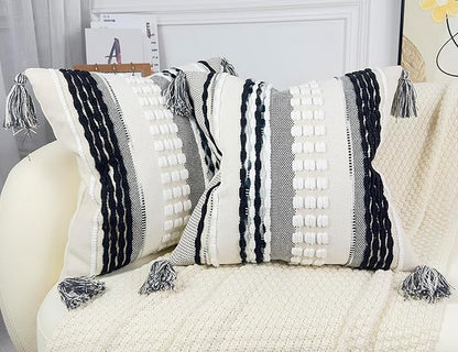 Boho Throw Pillow Covers 18x18 Aesthetic Neutral Boucle Couch Pillow Cover Rainbow Striped Decorative Accent Pillow Case for Couch Bed Sofa Farmhouse,Modern Funky,Set of 2 Black and White