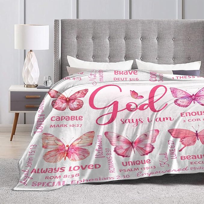 Butterfly Bible Verse Blanket, Inspirational Scripture Religious Gifts for Christian, Warm Soft Flannel Bible Throw for Bed Sofa Decoration 60"x80" for Adult