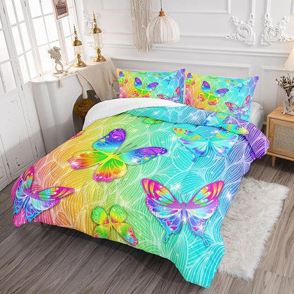 Rainbow Butterfly Full Size Comforter Set for Girls, Colorful Quilt Set Room Decor, 1 Comforter and 2 Pillowcases