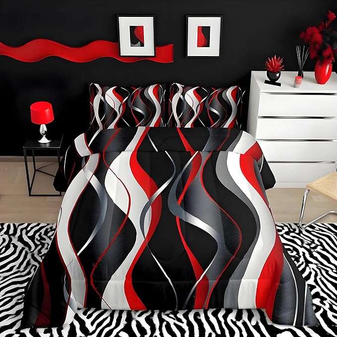 Feelyou Red Grey Black Comforter Set Geometric Spiral Pattern Duvet Set for Kids Boys Girl Modern Abstract Inner Fill Bedding Set Grey White Comforter 1 Comforter Set with 2 Pillowcases Full Size