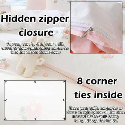 MorroMorn Cotton Duvet Cover Queen Size, 3D Embroidery Floral Bedding Sets, Fluffy Chenille Embroidered Comforter Covers Breathable Sweat-Absorbent for Girls Kids Teen (Flowers White, Full/Queen)