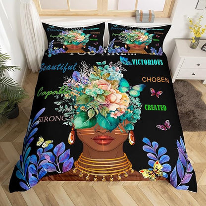 Girl African Duvet Cover Set Twin Size,African Style American Inspirational Quotes Bedding Set Kids Girls Women Room Decor Watercolor Flowers Butterfly Comforter Cover Black Fashion Quilt Cover 2Pcs