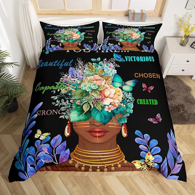 Girl African Duvet Cover Set Full Size,African Style American Inspirational Quotes Bedding Set Kids Girls Women Room Decor,Watercolor Flowers Butterfly Comforter Cover Black Fashion Quilt Cover 3pcs