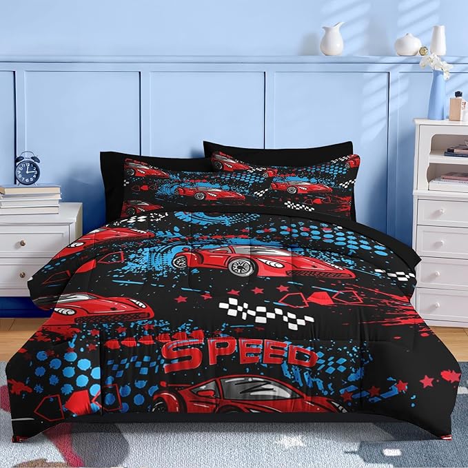 Nesker 7 Pcs Comforter Set Full Size, Red Black Sports Car Bedding for Kids Teen, Auto Race with Fitted Sheet 2 Pillowcases & 2 Shams for Bedroom Bed Decor