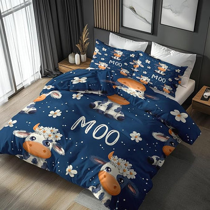 Cow Duvet Cover King Size, Kids Boys Girls Bedding Set 3 Pcs (2 Pillow Shams), Super Soft Microfiber Bedroom Decor, Zipper & Ties CSXQ1248