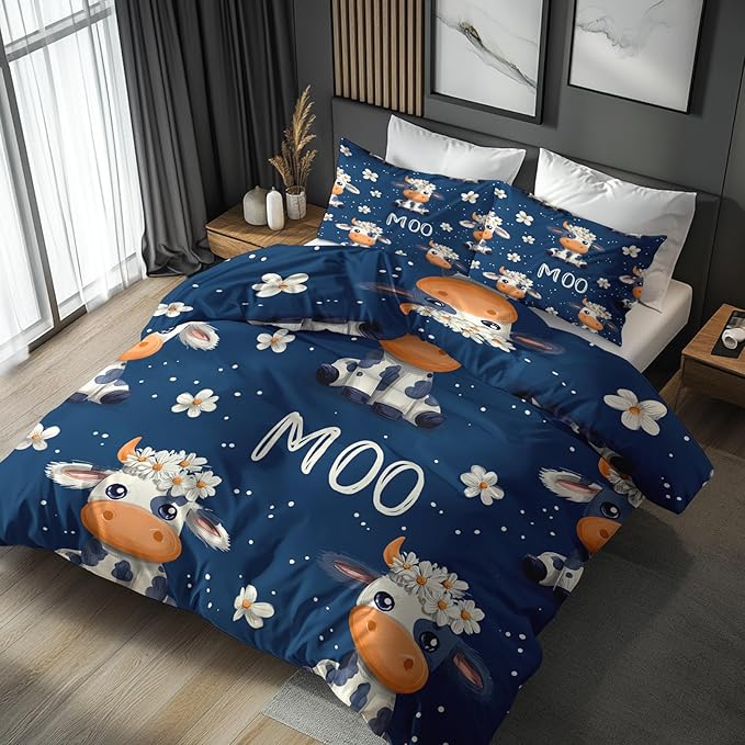 Cow Duvet Cover Full Size, Kids Boys Girls Bedding Set 3 Pcs (2 Pillow Shams), Super Soft Microfiber Bedroom Decor, Zipper & Ties CSXQ1248