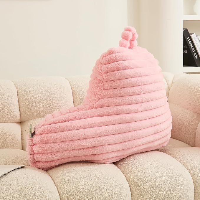 WERDIM Reading Pillow for Sitting in Bed, Faux Fur Back Pillow for Rest, Bed Chair Pillow with Arms and Pockets(XLarge, Pink)