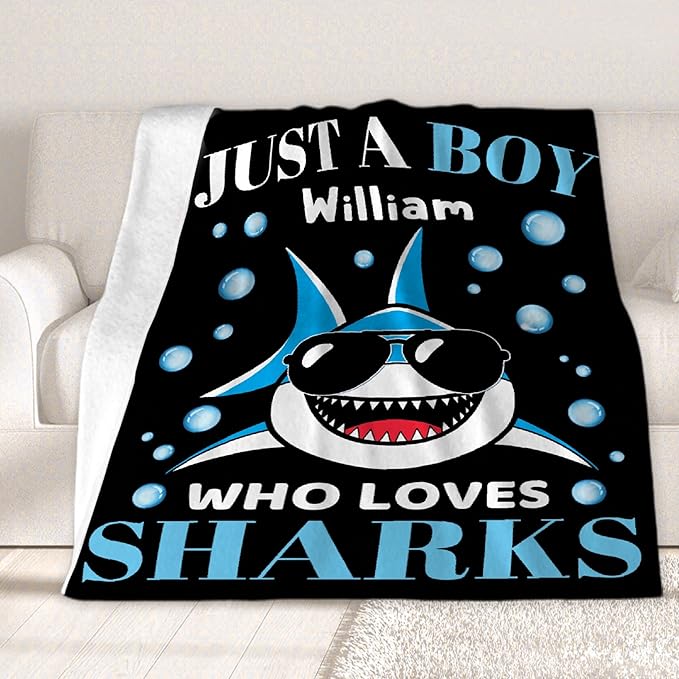 Custom Just A Boy Who Loves Sharks Blankets Gifts for Kids Adult On Bed Sofa,Personalized Premium Flannel Blankets for Birthday Christmas Thanksgiving All Season Use 50''x 60'' -M