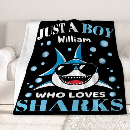 Custom Just A Boy Who Loves Sharks Blankets Gifts for Kids Adult On Bed Sofa,Personalized Premium Flannel Blankets for Birthday Christmas Thanksgiving All Season Use 50''x 60'' -M