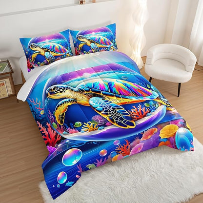 Sea Turtle Comforter Set Full Size,Colorful Underwater World Toddler Bed Comforter Set,Coastal Bedding for Kids Boys Girls Room Decor with 2 Pillowcases.
