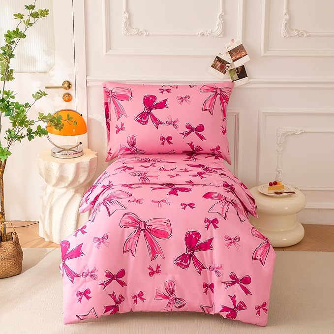 SDIII 4 Piece Pink Bow Girl Toddler Bedding Set, Cute Bowknot Princess Toddler Bedding Set with Comforter, Fitted Sheet, Flat Sheet and Pillowcase