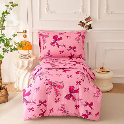 SDIII 4 Piece Pink Bow Girl Toddler Bedding Set, Cute Bowknot Princess Toddler Bedding Set with Comforter, Fitted Sheet, Flat Sheet and Pillowcase