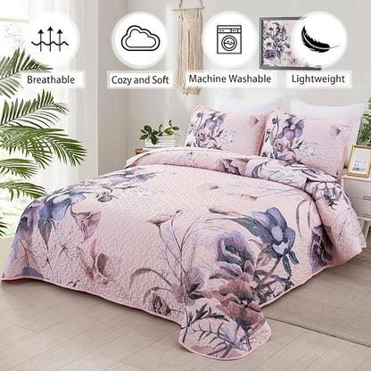 Floral Quilt Set King 3 Pieces Pink Floral Quilt Coverlet Set Soft Microfiber Lightweight Pink Quilted Bedspread for All Season 104"x90"