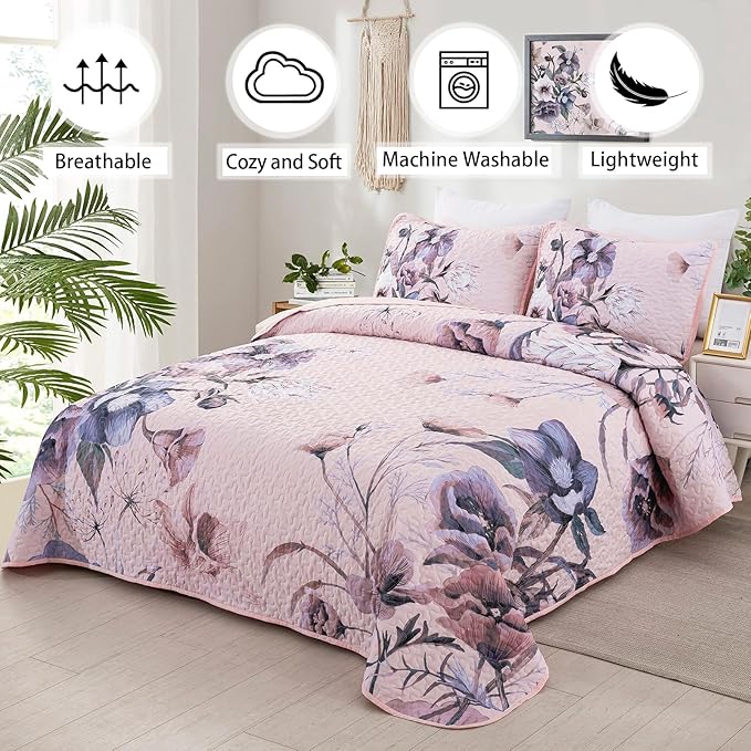 Floral Quilt Set Queen 3 Pieces Pink Floral Quilt Coverlet Set Soft Microfiber Lightweight Pink Quilted Bedspread for All Season 90"x96"