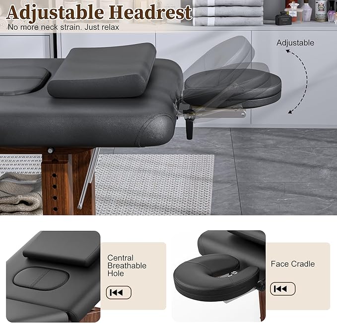 Olela Wood Adjustable Massage Table, Stationary Massage Tables with Adjustable Height Legs & Storage, Esthetician Bed with C-Shaped Pillow & PU Leather for Spa, Massage, Physical Therapy, Treatment