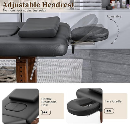Olela Wood Adjustable Massage Table, Stationary Massage Tables with Adjustable Height Legs & Storage, Esthetician Bed with C-Shaped Pillow & PU Leather for Spa, Massage, Physical Therapy, Treatment