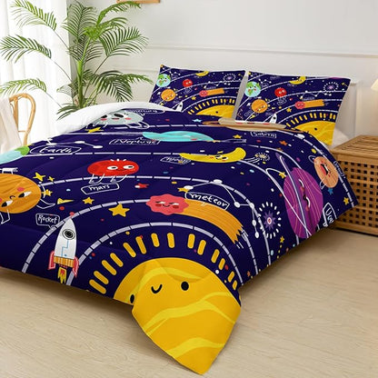 Cartoon Outer Space Theme Comforter Set Queen for Kids，Boys Queen Size Bedding Set Galaxy，Galaxy Quilt Queen Size，with 1 Comforter with 2 Pillow Case