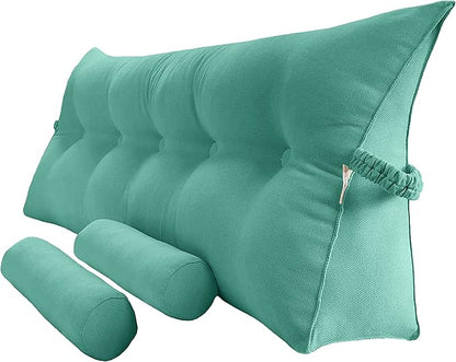 Triangular Reading Bed Rest Pillow Large Bolster Cushion Headboard Backrest Wedge Pillow with Two Detachable Roll Pillows for Neck & Lumbar Support (Turquoise, Queen: 59 x 8 x 20 inches)