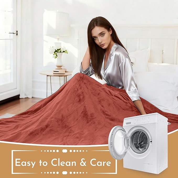 Electric Heated Blanket 84"x90" Queen Size Flannel Heated Blanket, Cozy & Warm for All Night, 5 Heat Settings & 10 Hours Auto Off, Machine Washable-Brick Red