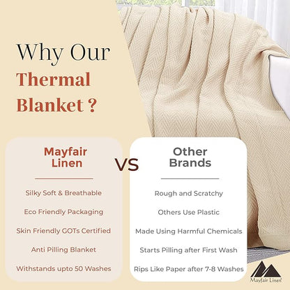 Mayfair Linen Knitted Geometric Herringbone Pattern Handwoven Blanket 100% Long Staple Cotton - Soft & Cozy Thermal All Season Throw for Bed Couch Chair Outdoors (Twin/Twin XL, Ivory)