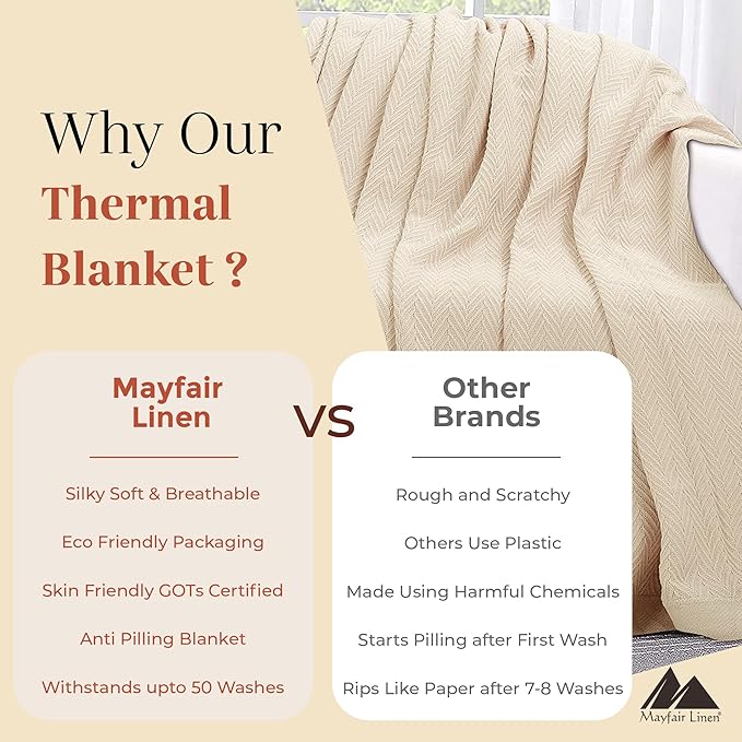 Mayfair Linen 100% Pure Cotton, Luxury Twin/Twin XL Size Beige Blanket - Herringbone Pattern, Soft &Cozy Premium Fall Throw Blanket for All Seasons, 350GSM & 68x92 with Free Tote Bag.