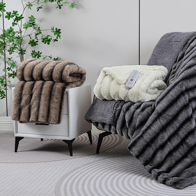 Heated Blanket Electric Queen- 84"x90" Soft Thick Faux Fur Electric Blanket for Sofa with 5 Heat Levels & 10 Hours Auto-Off Overheat Protection, Warm Cozy Gifts, Cream