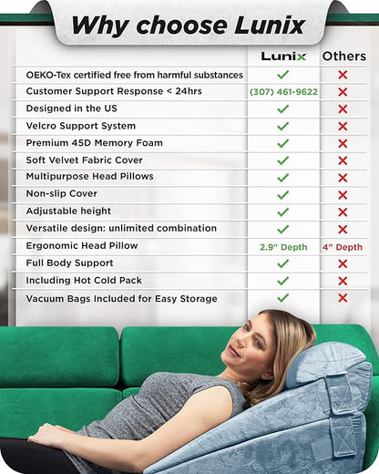 Lunix 5pcs Orthopedic Bed Wedge Pillow Set for Sleeping – Adjustable Post Surgery Back, Leg & Knee Support, Acid Reflux & GERD Relief, Memory Foam Head Pillows, with Hot/Cold Pack, Gray