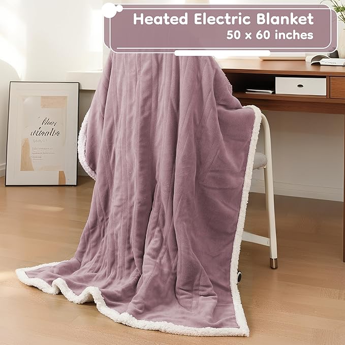 Electric Heated Blanket Throw Size - 50"x60", Soft Flannel Heating Blanket, 4 Heating Levels, 3 H Auto Shut Off, Breathable Warm and Washable for Sofa, Purple