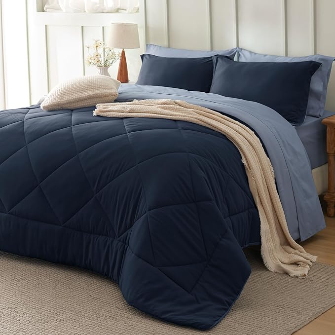 Bedsure King Comforter Set - 7 Pieces Reversible Navy Blue Bedding, King Size Bed Set for All Seasons, Bed in a Bag with Down Alternative Comforter, Sheets, Pillowcases & Shams