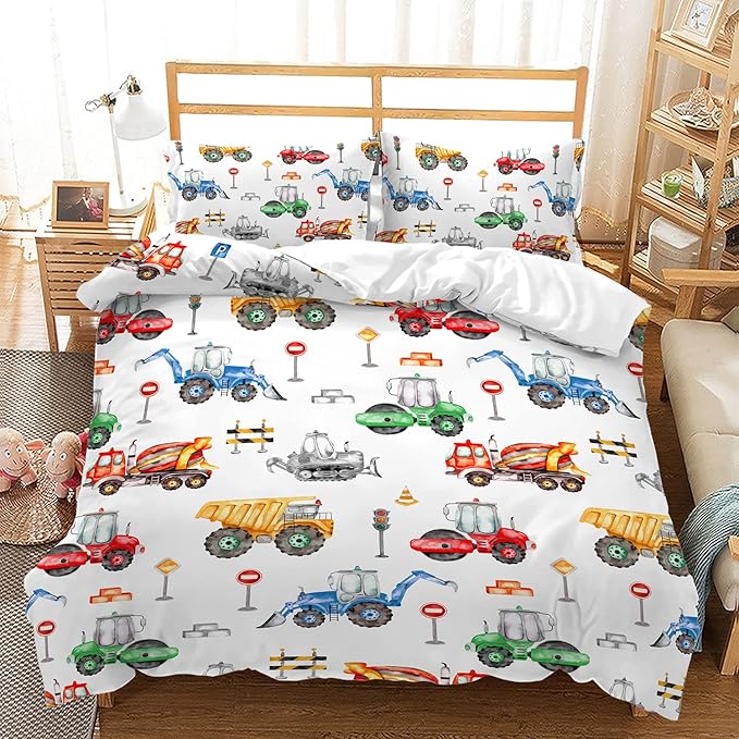 CVHOUSE Excavactor Bedding Queen Size,Construction Excavactor Bedding Set Boys Kids Teens,Truck Excavactor Comforter Set Cover Soft,1 Duvet Cover 2 Pillowcases 3 pcs,Boy's Bedroom Decor Queen 89'x89'