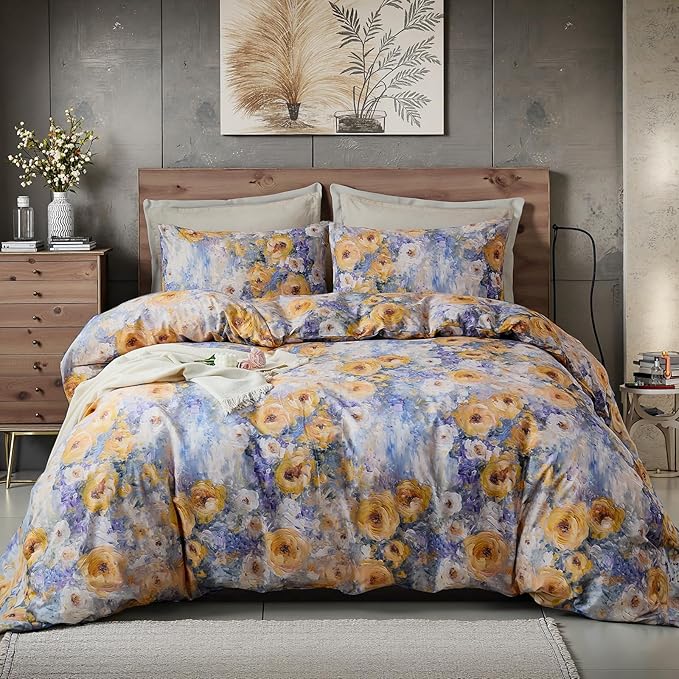100% Cotton Duvet Cover Queen Size – Impressionist Natural Yellow & Blue Floral Duvet Cover Set with Zipper Closure, 3-Piece Soft Breathable Durable Percale Cotton Bedding Set for All Seasons