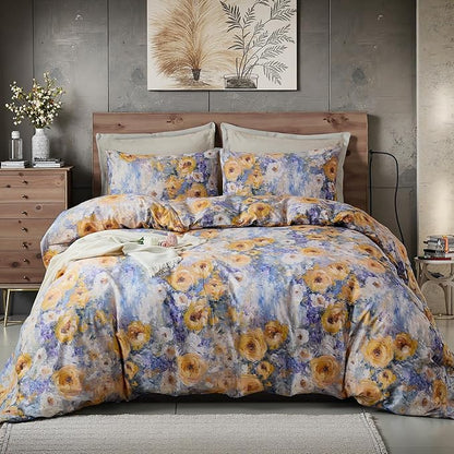 100% Cotton Duvet Cover Queen Size – Impressionist Natural Yellow & Blue Floral Duvet Cover Set with Zipper Closure, 3-Piece Soft Breathable Durable Percale Cotton Bedding Set for All Seasons