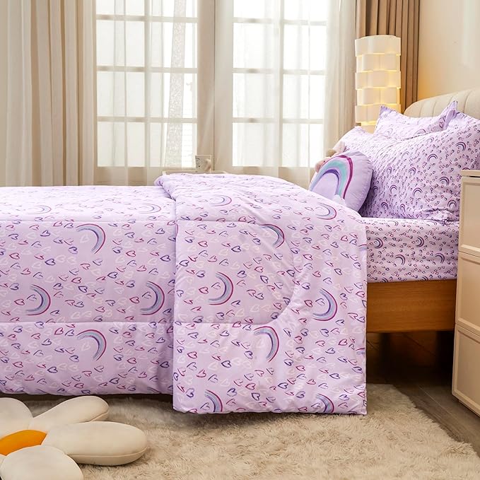 Mooreeke Full Size Comforter Sets for Girls Kids, 8 Pieces Bed in a Bag Purple Love Rainbow Bedding Comforter Sheet Set with Shams and Decorative Toy Pillow, Ultral Soft Microfiber Kids Bed Set