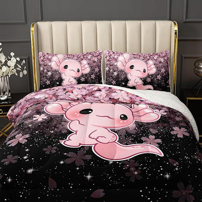 QOOMO Cartoon Axolotl Sherpa Fleece Comforter Set Girls Kawaii Bedding Set King Size for Kids Teens Cute Cherry Blossoms Bedding Design 3 Piece with 1 Comforter 2 Pillowcases