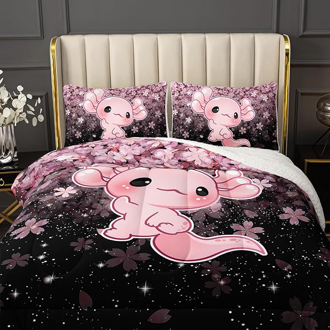 QOOMO Cartoon Axolotl Sherpa Fleece Comforter Set Girls Kawaii Bedding Set Twin Size for Kids Teens Cute Cherry Blossoms Bedding Design 3 Piece with 1 Comforter 2 Pillowcases