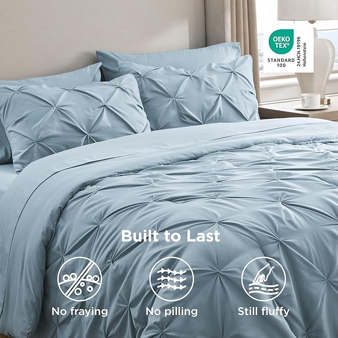 Bedsure Twin Comforter Set Light Blue - Bed in a Bag Twin Size Bedding 5 Pieces, GentleSoft™ Pintuck Bed Set Gift for Family, Pinch Pleat Light Blue Comforter with Sheets, Pillowcase & Sham