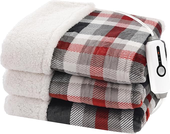 Electric Heated Blanket 72"x84" Full Size, Soft Flannel and Sherpa Double-Sided Material with 4 Heating Levels and 10 Hours Auto-Off, Machine Washable, Cozy Plush Fabric for Home, Black & Red Plaid