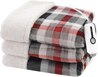 Electric Heated Blanket 72"x84" Full Size, Soft Flannel and Sherpa Double-Sided Material with 4 Heating Levels and 10 Hours Auto-Off, Machine Washable, Cozy Plush Fabric for Home, Black & Red Plaid
