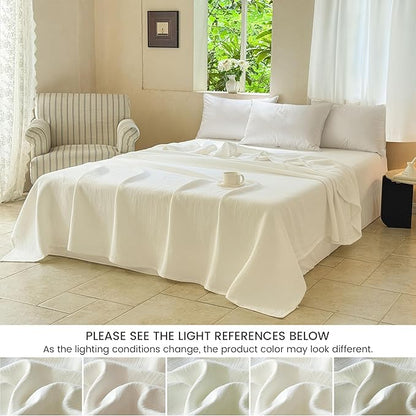 Simple&Opulence Linen Cotton Blanket with Double Layered Folded Edge for Couch/Bed/Sofa/Gift, Natural Flax Solid Color Soft Breathable Cozy Farmhouse Home Décor - White, 104"x90"