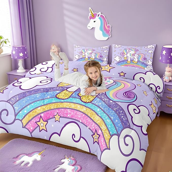 Feelyou Unicorn Bedding Toddle Bed Sets for Girls Light Purple Cute Unicorn Comforter for Girls Comforter Set Star Print Kawaii Duvet Quilt Bedroom Decor Rainbow Bedding Cartoon Quilt,All Season
