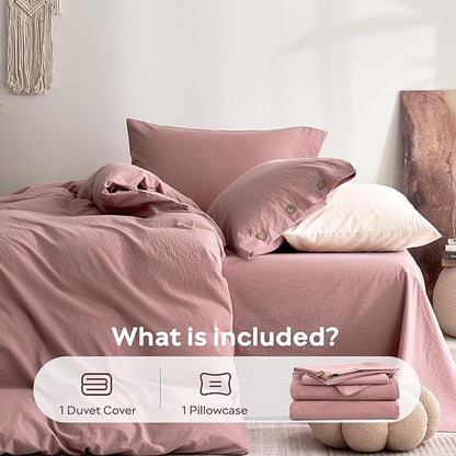 JELLYMONI 100% Washed Cotton Duvet Cover Twin – Soft, Breathable Linen-Look Bedding with Natural Wrinkle Texture, Button Closure, 3-Piece Set (Darker Rose, 68"x90")