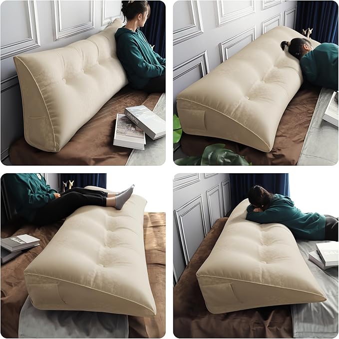 WOWMAX Headboard Pillow – King Size Reading Wedge Backrest for Bed, Handmade Firm Support Bolster Cushion with Removable Cover, Jacquard Satin Fabric 100% Pure Cotton, Light Beige