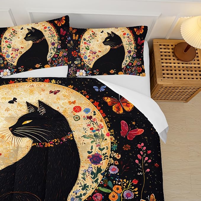 Black Cat Bedding Cartoon Cat Comforter Set Full，Floral Bedding Full Size Bed ，with 1 Comforter with 2 Pillow Case