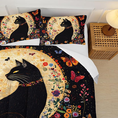 Black Cat Bedding Cartoon Cat Comforter Set Queen，Floral Bedding Queen Size Bed ，with 1 Comforter with 2 Pillow Case