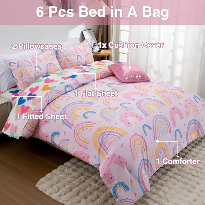 A Nice Night Lightweight Soft Cartoon Rainbow 6Pcs Twin Comforter Sets, Love Hearts Printed Bedding Set for Boys Girls,Pink