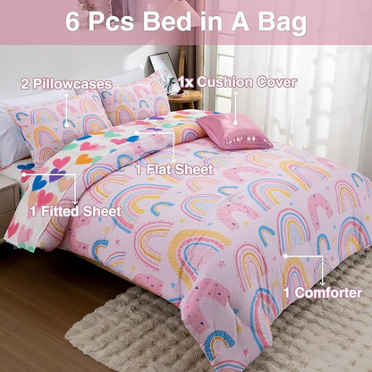 A Nice Night Lightweight Soft Cartoon Rainbow 6Pcs Full Comforter Sets, Love Hearts Printed Bedding Set for Boys Girls,Pink
