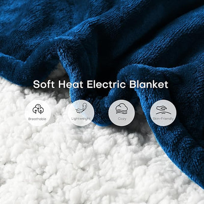 Electric Heated Blanket Twin Size 62"×84", 5 Heat Settings- 10H Auto Shut Off Flannel Material&Sheepskin Fabric, Machine Washable, Dark Blue&White