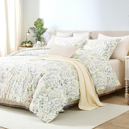 Duvet Cover King Size 100% Cotton Comforter Cover Green Floral Breathable Duvet Cover with Zipper Closure & Corner Ties 3 Pcs Green Fragrant Grass Duvet Cover Set
