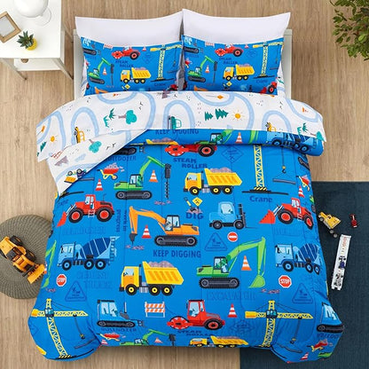 Holawakaka Trucks Excavator Cars Boy Bedding Comforter Set with Sheets, Twin Size Cartoon Construction Car Tractors Print Kids Bed in A Bag 5-Piece, Boys Reversible Dorm Bed Sets (Blue Twin)
